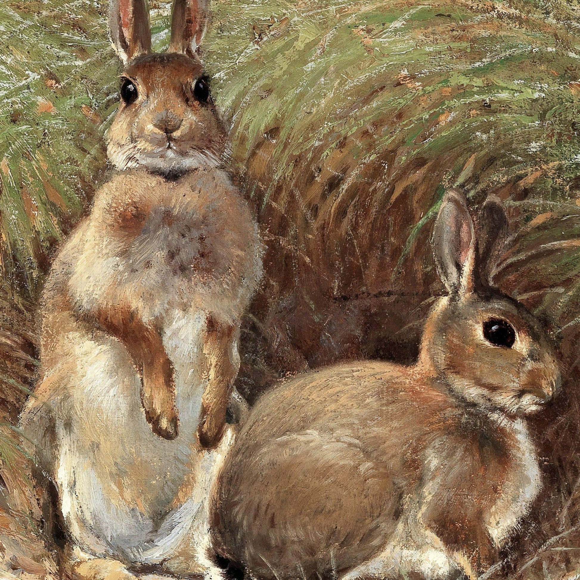Two rabbits in a grassy field, depicted in a painting style.