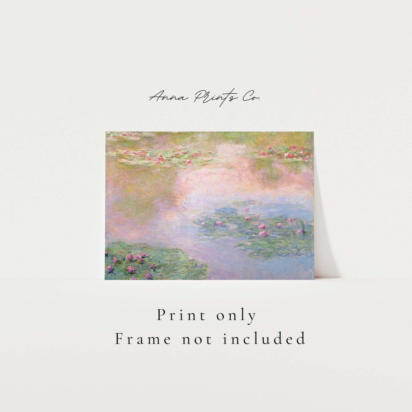Vintage art print of Water Lilies Painting by Monet with text overlay stating frame not included