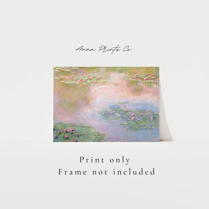 Vintage art print of Water Lilies Painting by Monet with text overlay stating frame not included