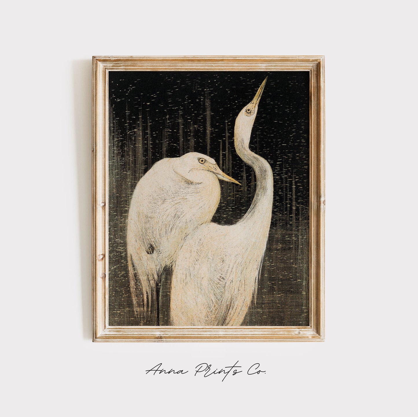 Vintage art print of Two Egrets Bird Artwork displayed in wooden frame