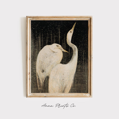 Vintage art print of Two Egrets Bird Artwork displayed in wooden frame