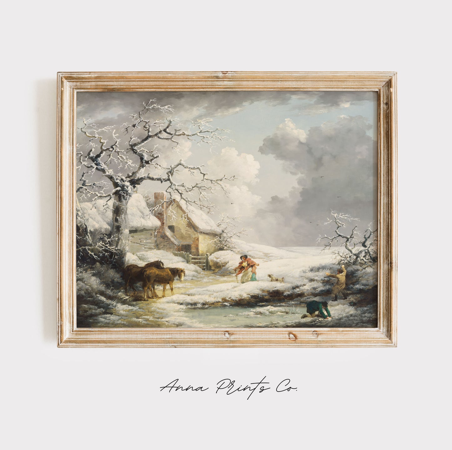 Vintage art print of Winter Landscape Country Painting displayed in wooden frame