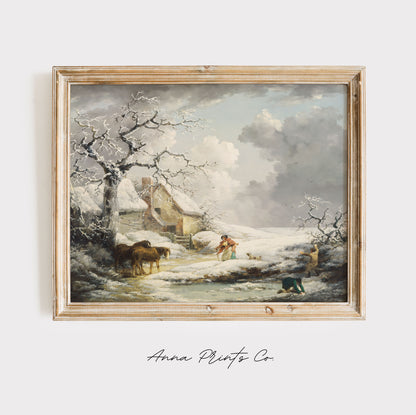Vintage art print of Winter Landscape Country Painting displayed in wooden frame