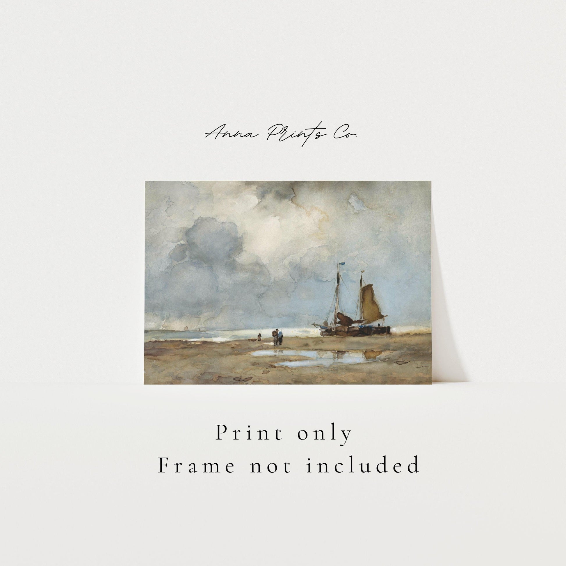 Vintage art print of Beach Sight Landscape Painting with text overlay stating frame not included