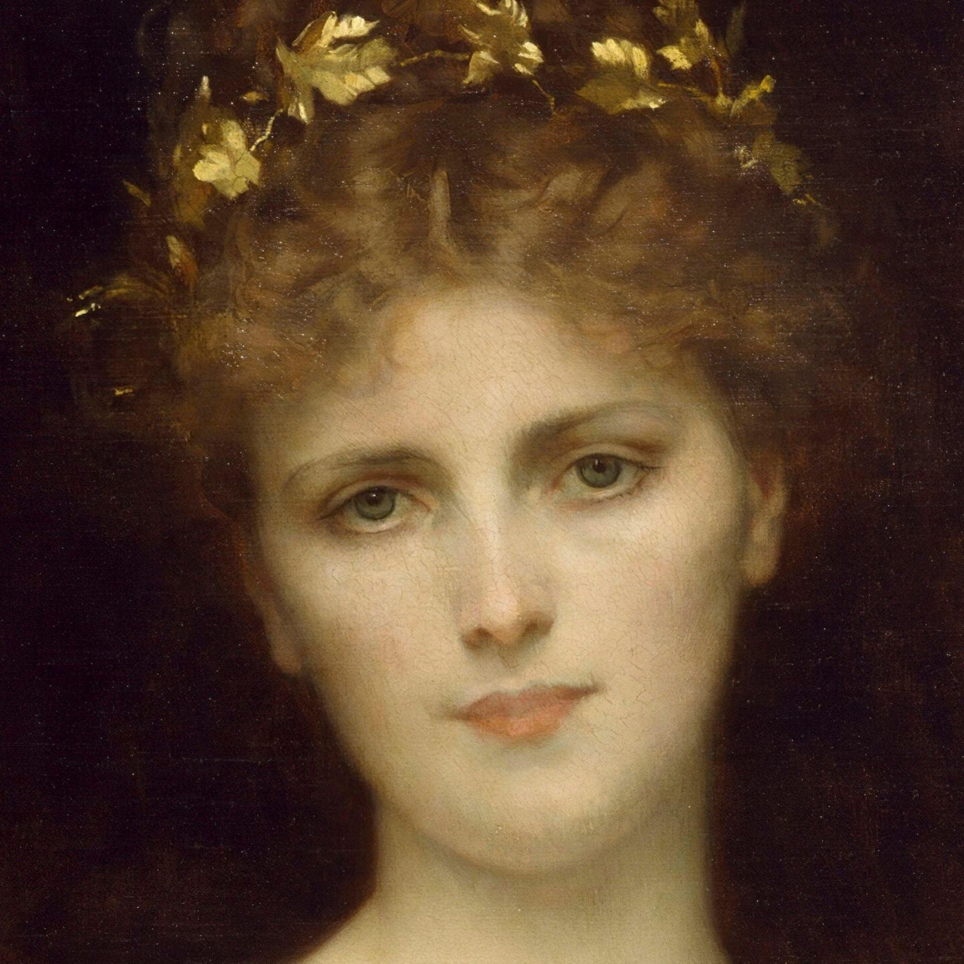 Portrait of a woman with a gold wreath on her head against a dark background