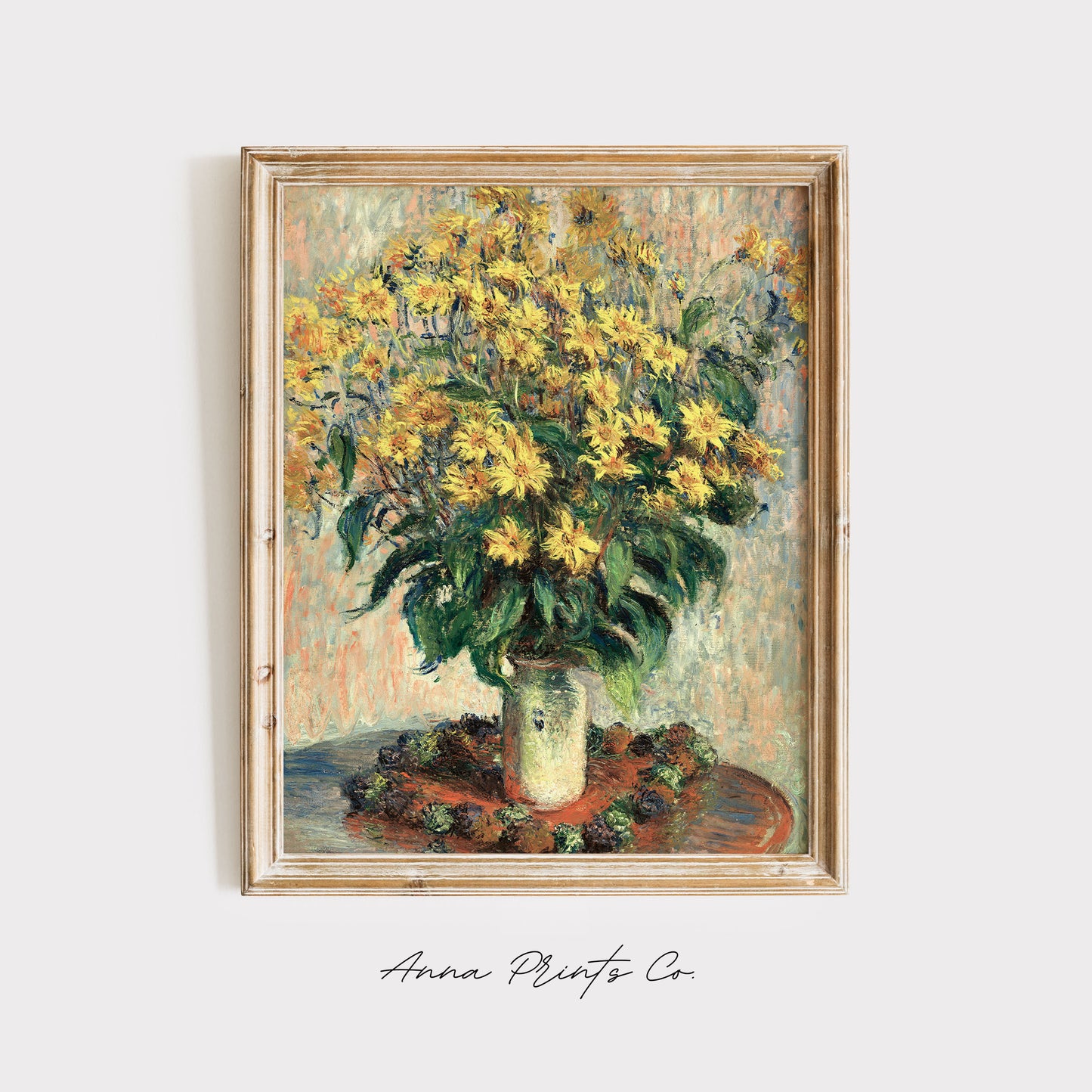 Vintage art print of Jerusalem Artichoke Flowers by Monet displayed in wooden frame