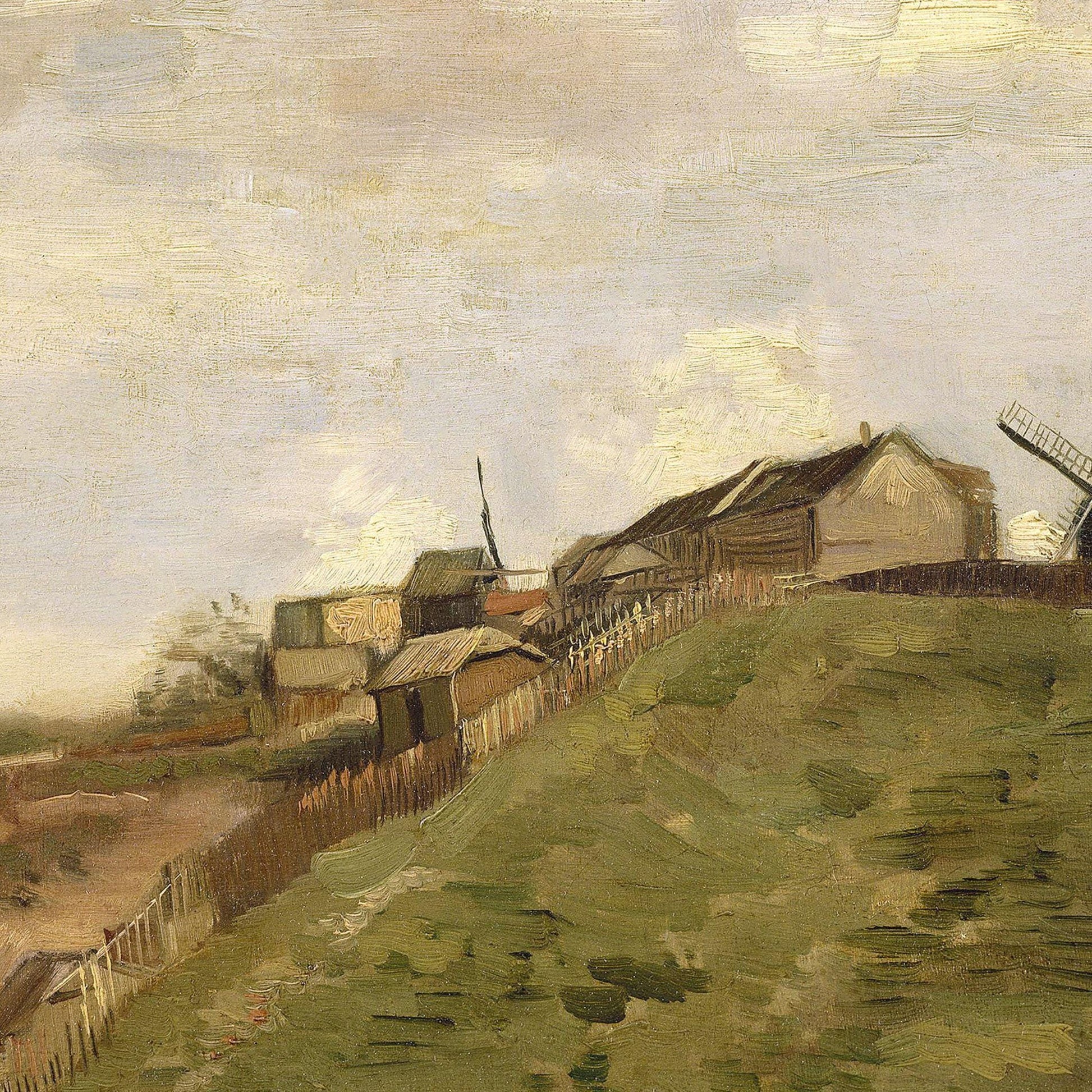 Painting of a village scene with houses and a windmill under a cloudy sky.