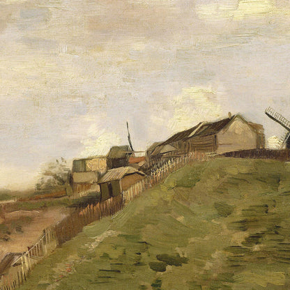 Painting of a village scene with houses and a windmill under a cloudy sky.