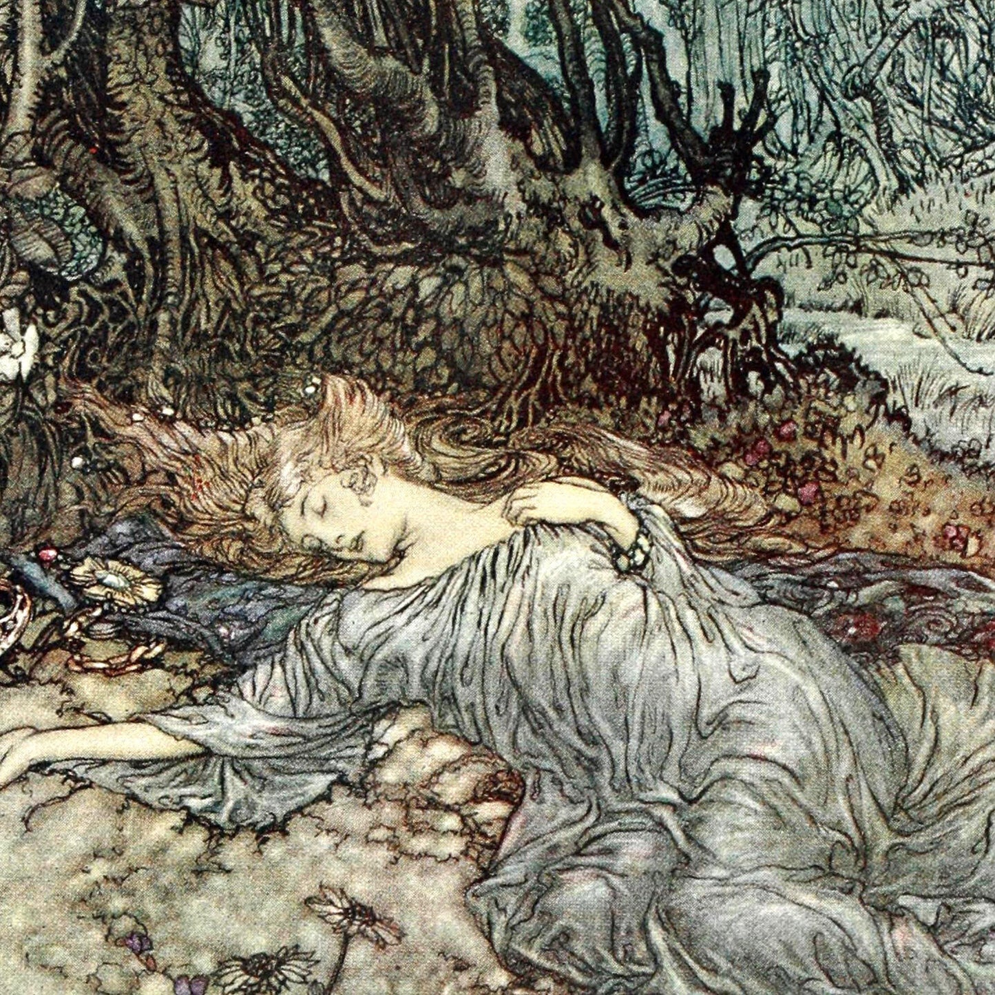 Fairy sleeping in a forest with detailed illustration style
