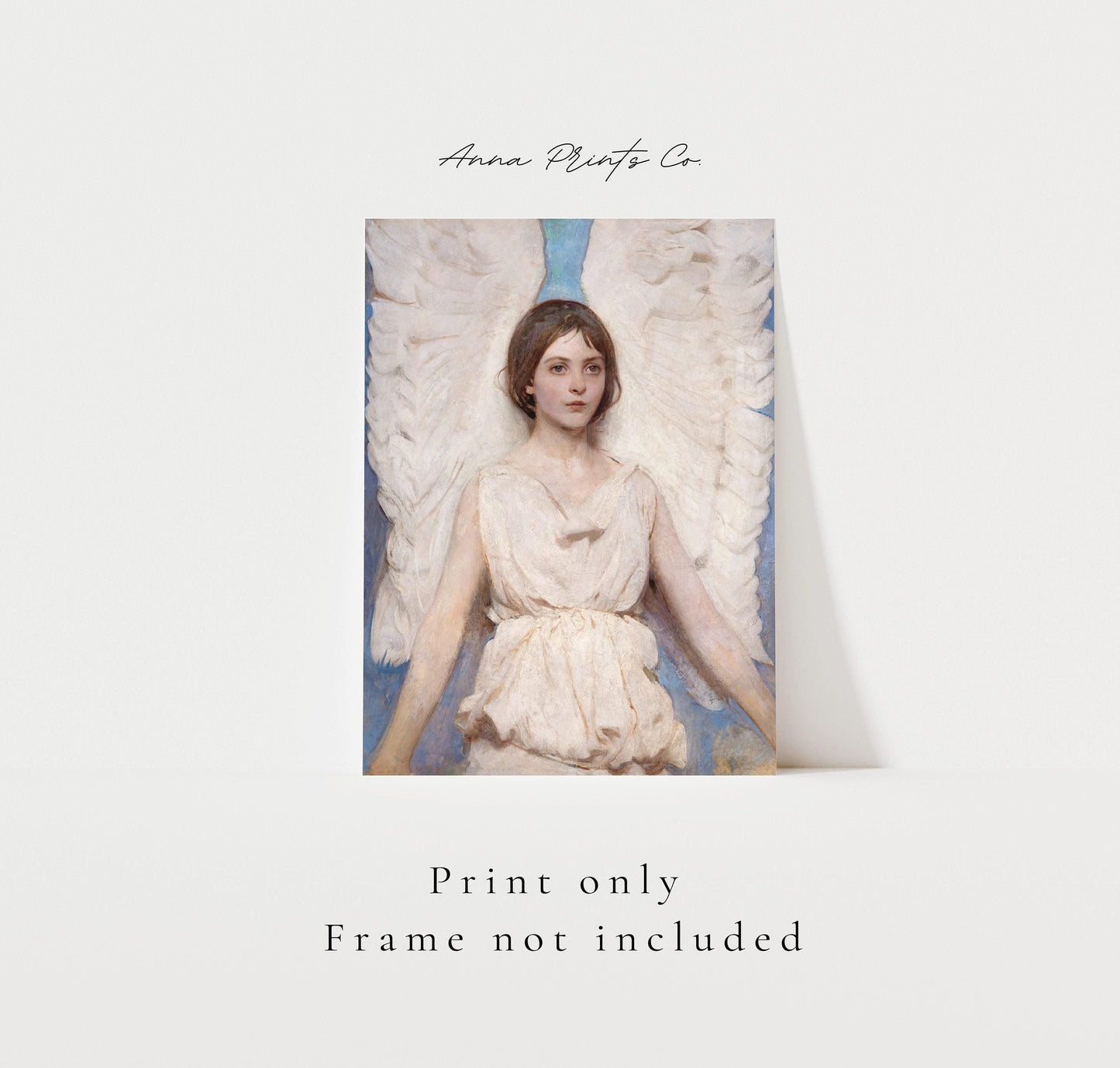 Vintage art print of Angel Portrait Painting with text overlay stating frame not included