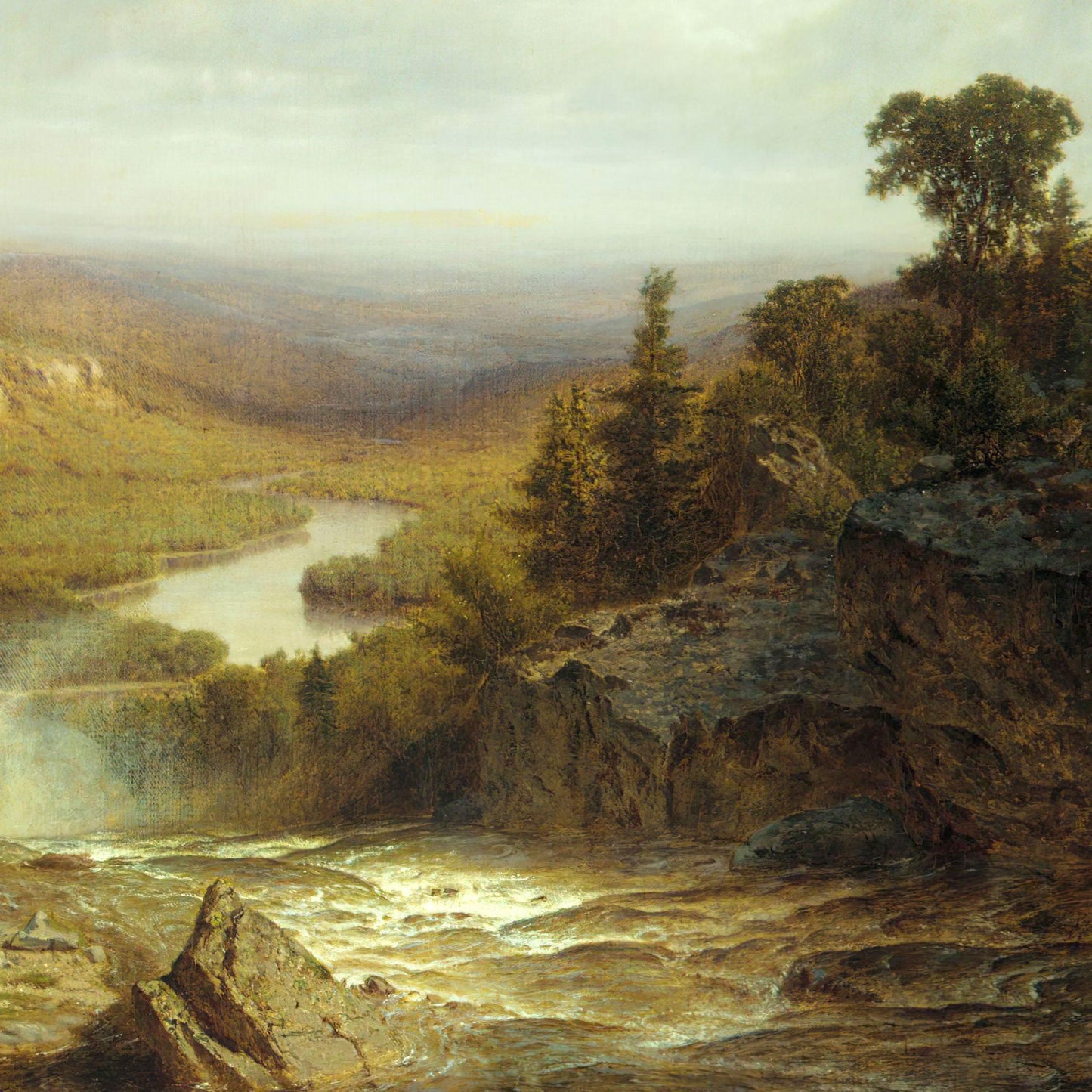 Landscape painting of a river flowing through a valley with trees and rocks.