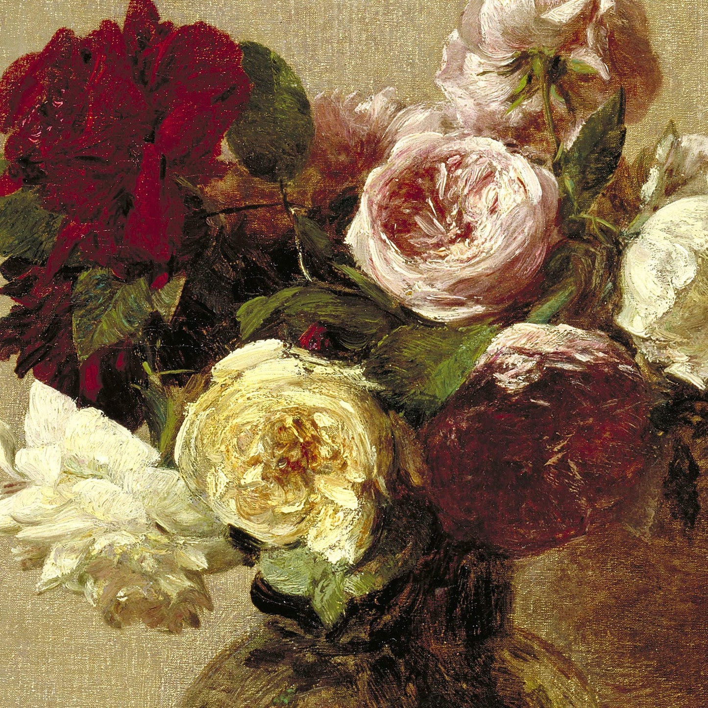 Close-up of a still life painting with flowers and a vase on a textured surface