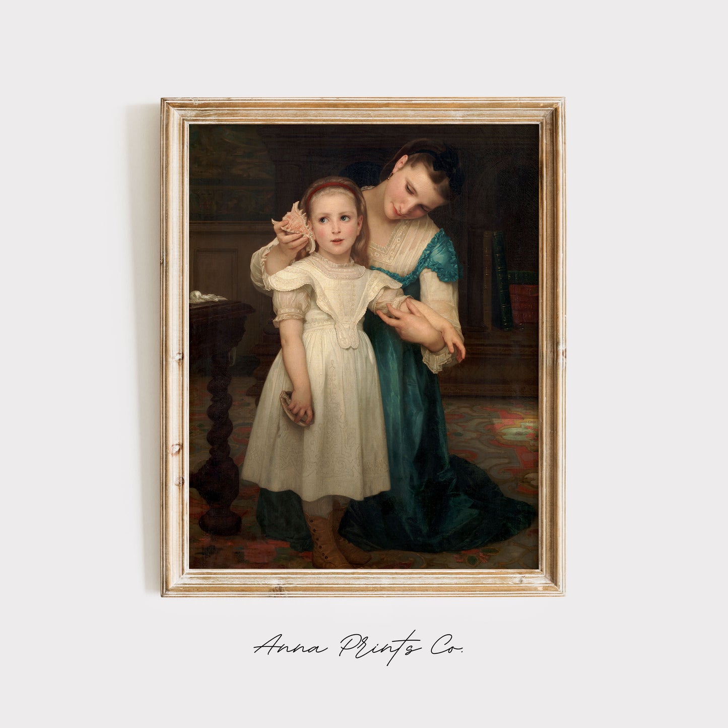 Vintage art print of Indoors Painting by Bouguereau displayed in wooden frame