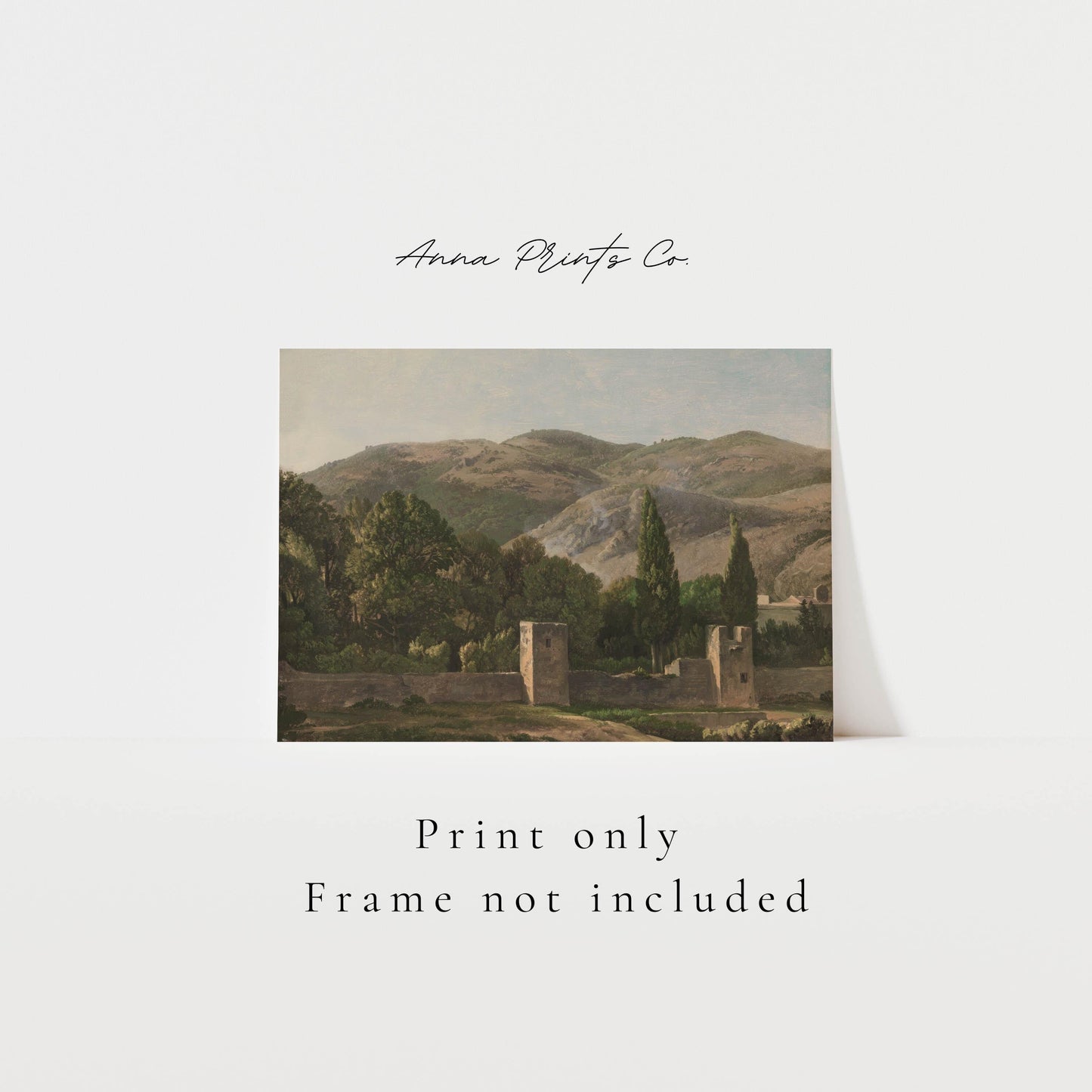 Vintage art print of Italian Landscape Painting with text overlay stating frame not included