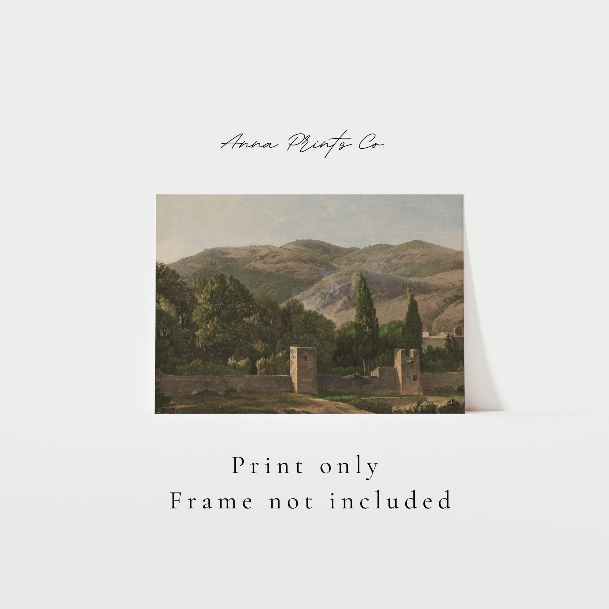 Vintage art print of Italian Landscape Painting with text overlay stating frame not included