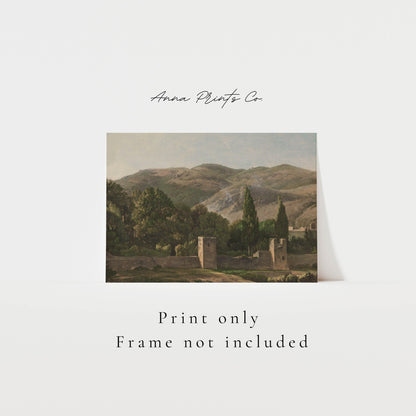 Vintage art print of Italian Landscape Painting with text overlay stating frame not included