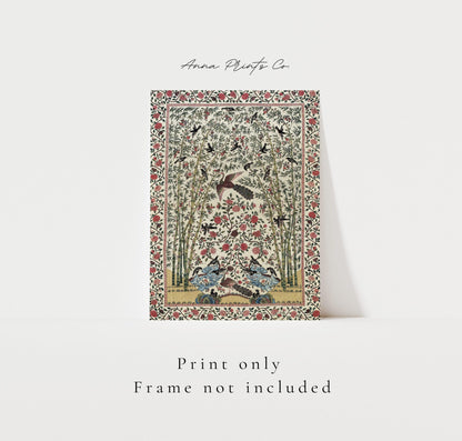 Vintage art print of Indian Palampore with Birds Artwork with text overlay stating frame not included