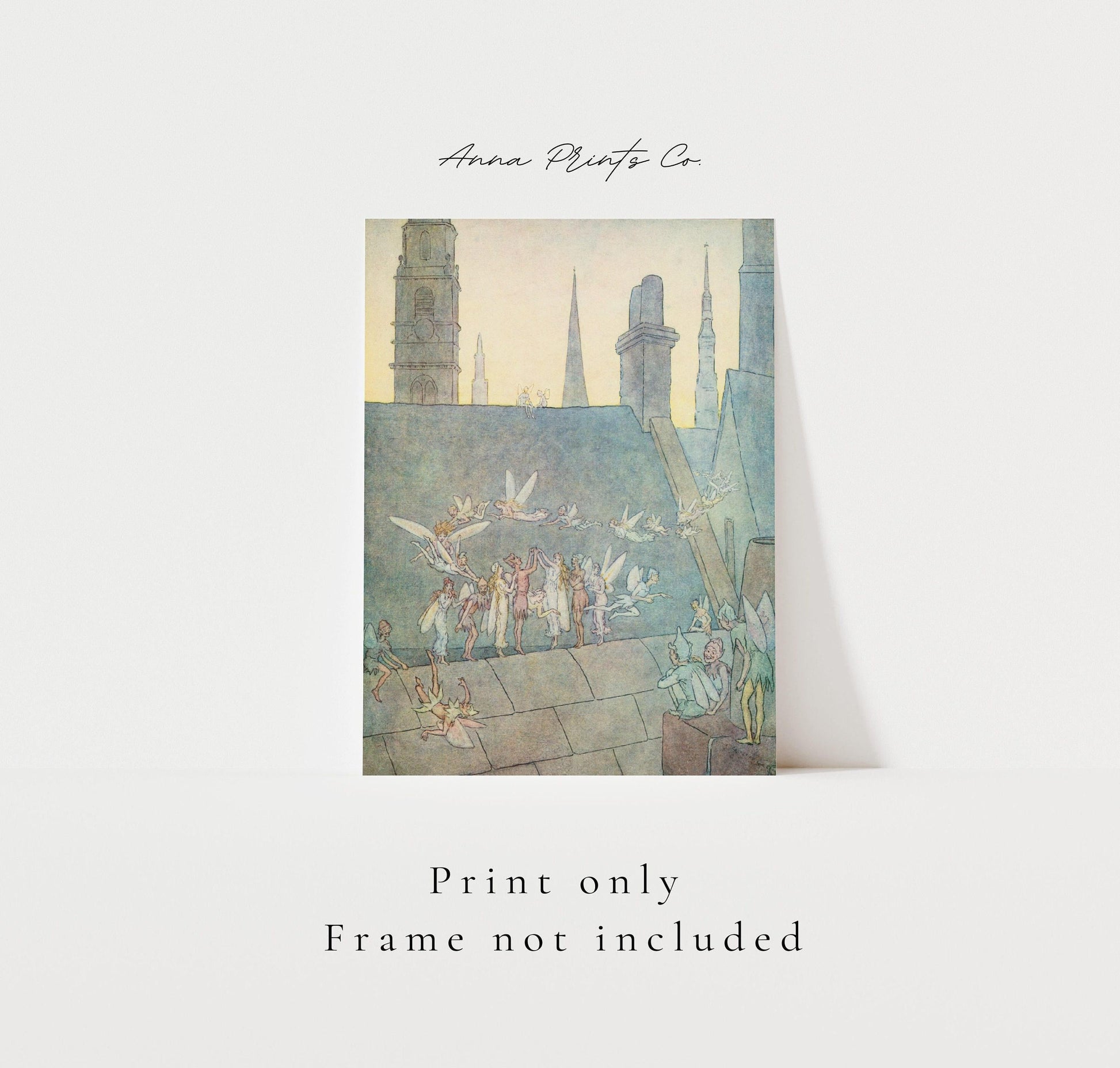 Vintage art print of Fairies Children's Storybook Drawing with text overlay stating frame not included