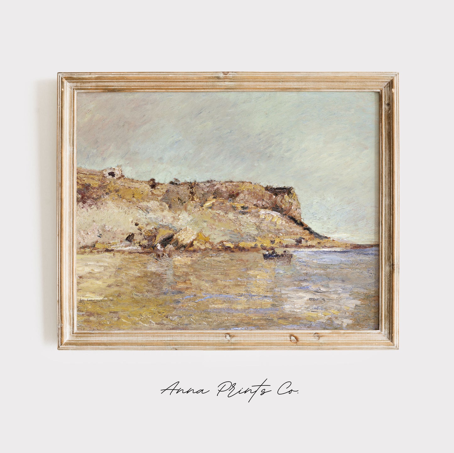 Vintage art print of Coastal Mountains Landscape displayed in wooden frame