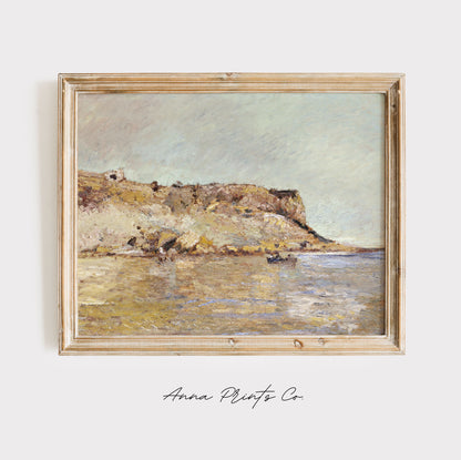 Vintage art print of Coastal Mountains Landscape displayed in wooden frame