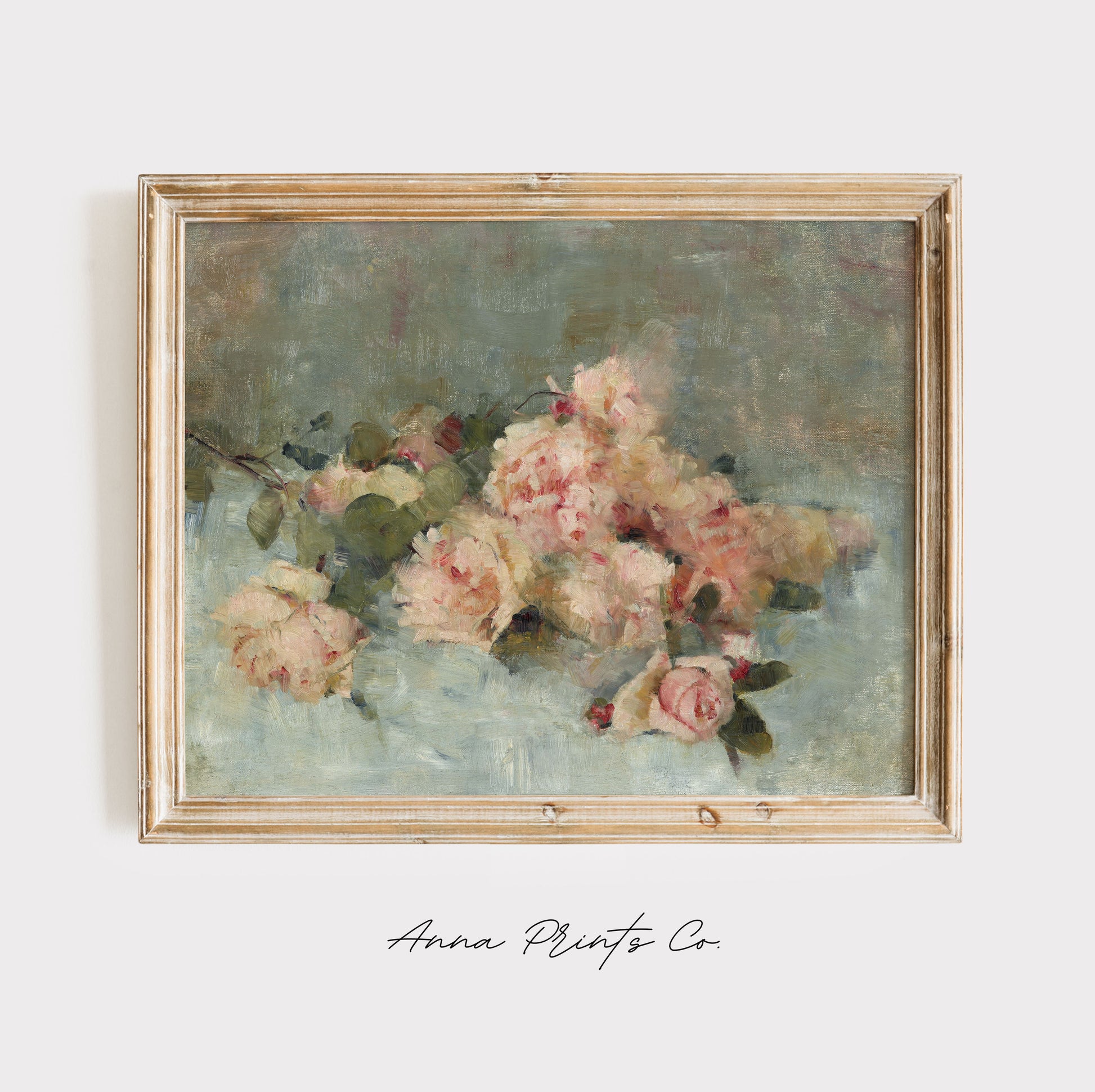 Vintage art print of Roses Cottage Floral Painting displayed in wooden frame