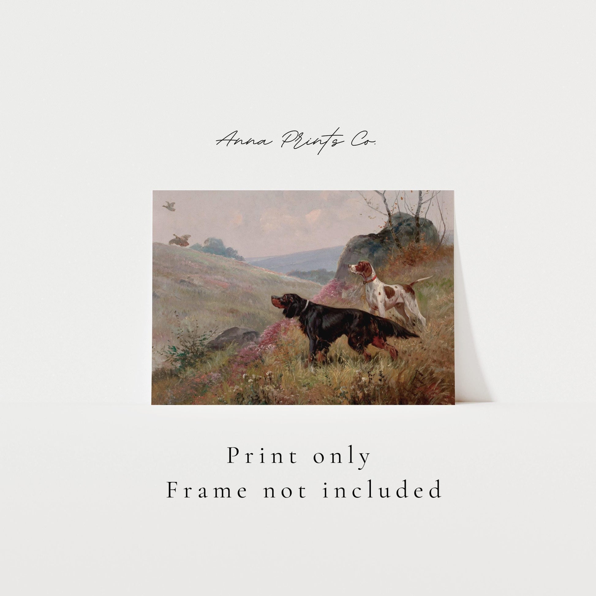 Vintage art print of Landscape with Dogs Painting with text overlay stating frame not included
