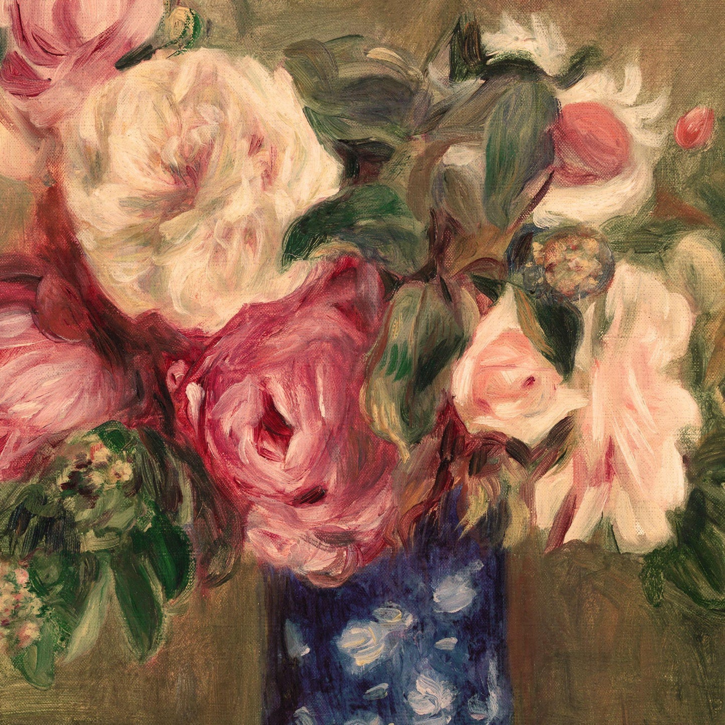 Close-up of a painting of pink and white flowers with a blurred background