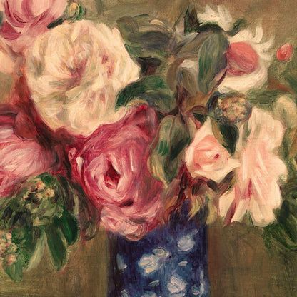 Close-up of a painting of pink and white flowers with a blurred background