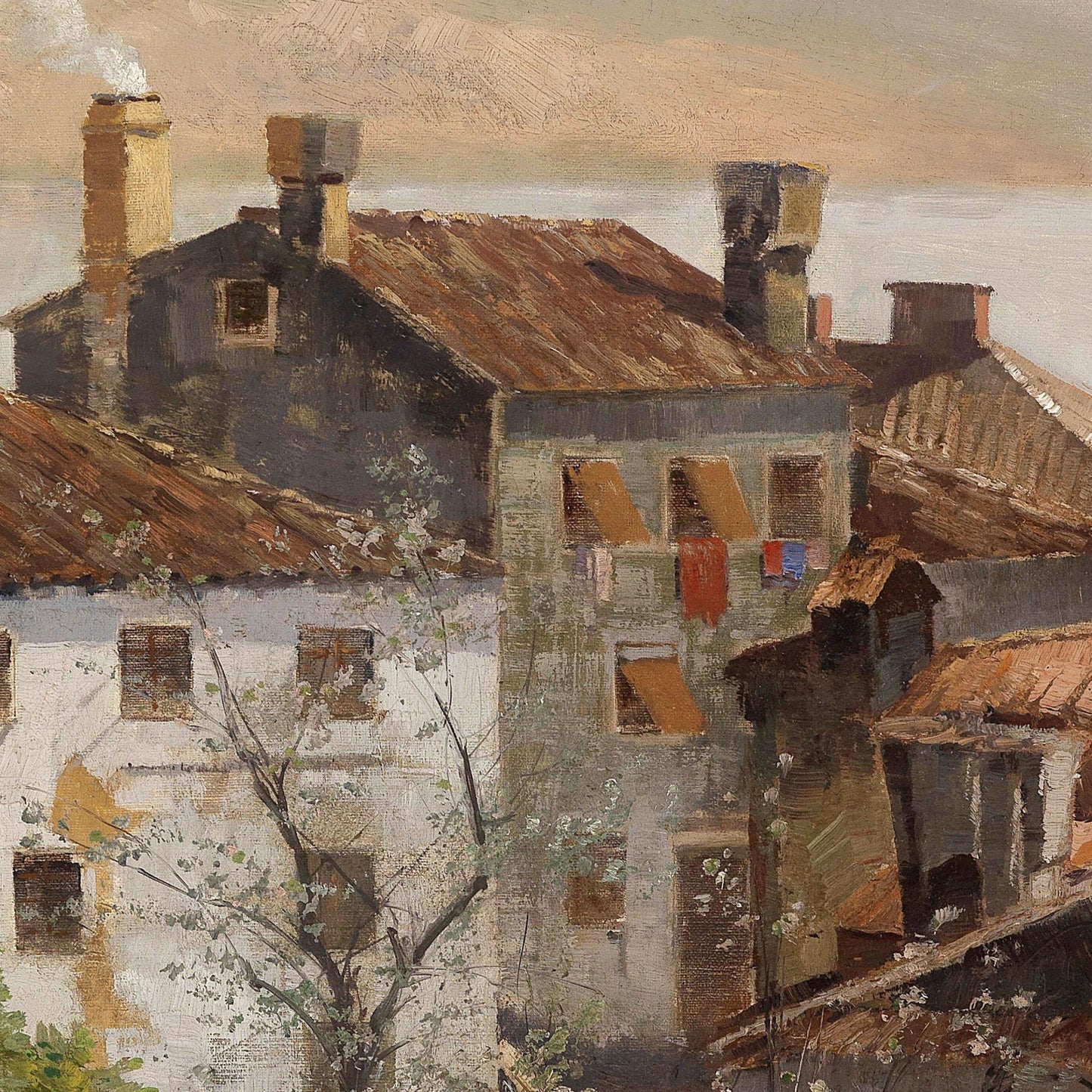 Painting of an urban scene with buildings and a tree