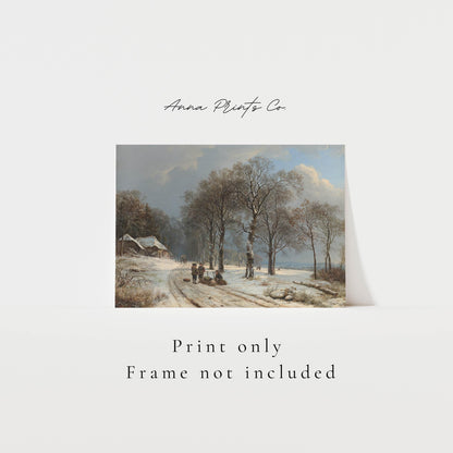 Vintage art print of Winter Landscape Country Artwork with text overlay stating frame not included
