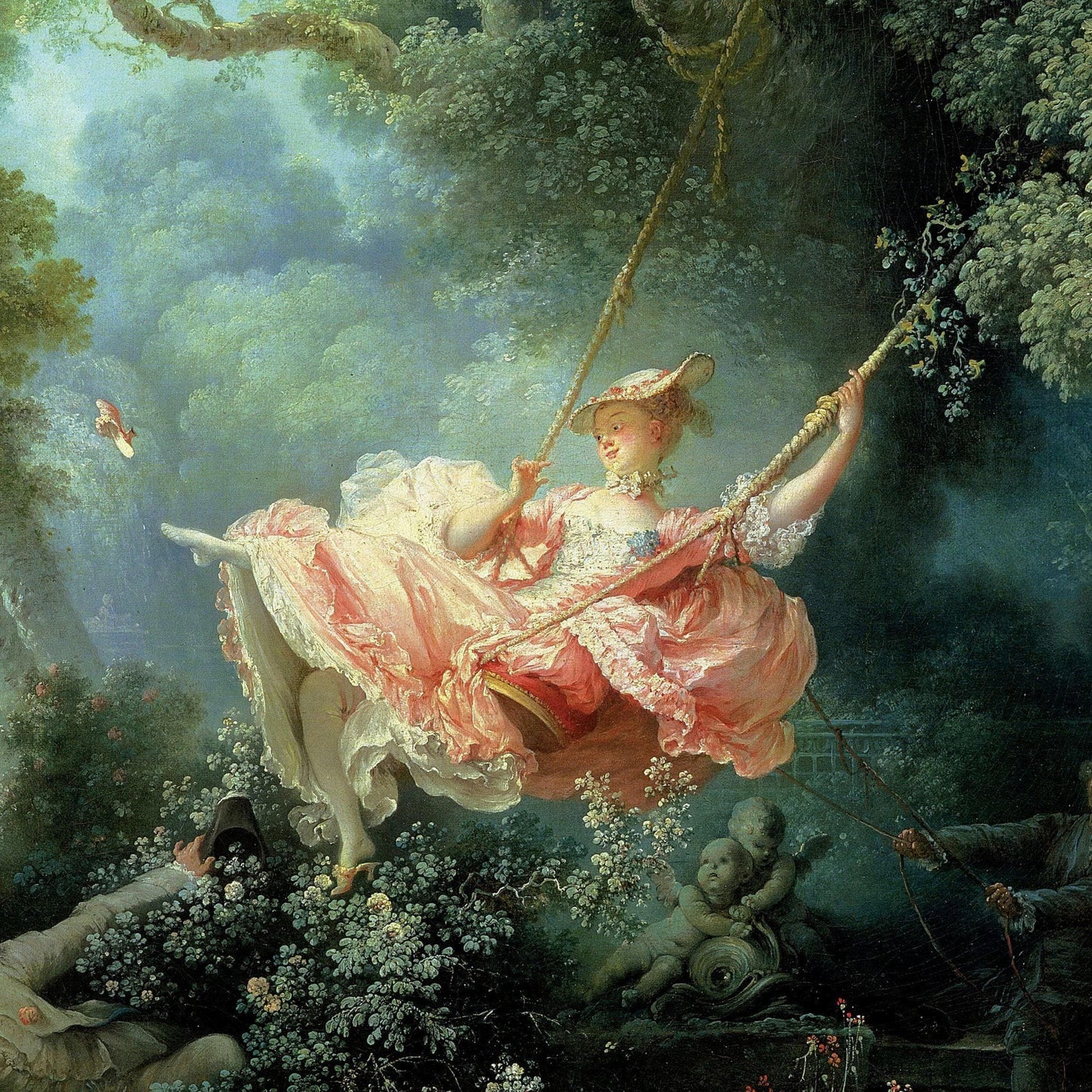 Painting of a woman in a pink dress swinging in a garden with trees and flowers.