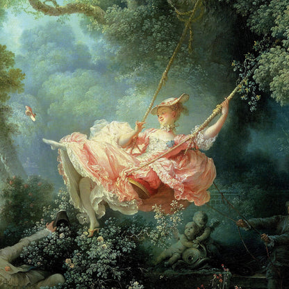 Painting of a woman in a pink dress swinging in a garden with trees and flowers.