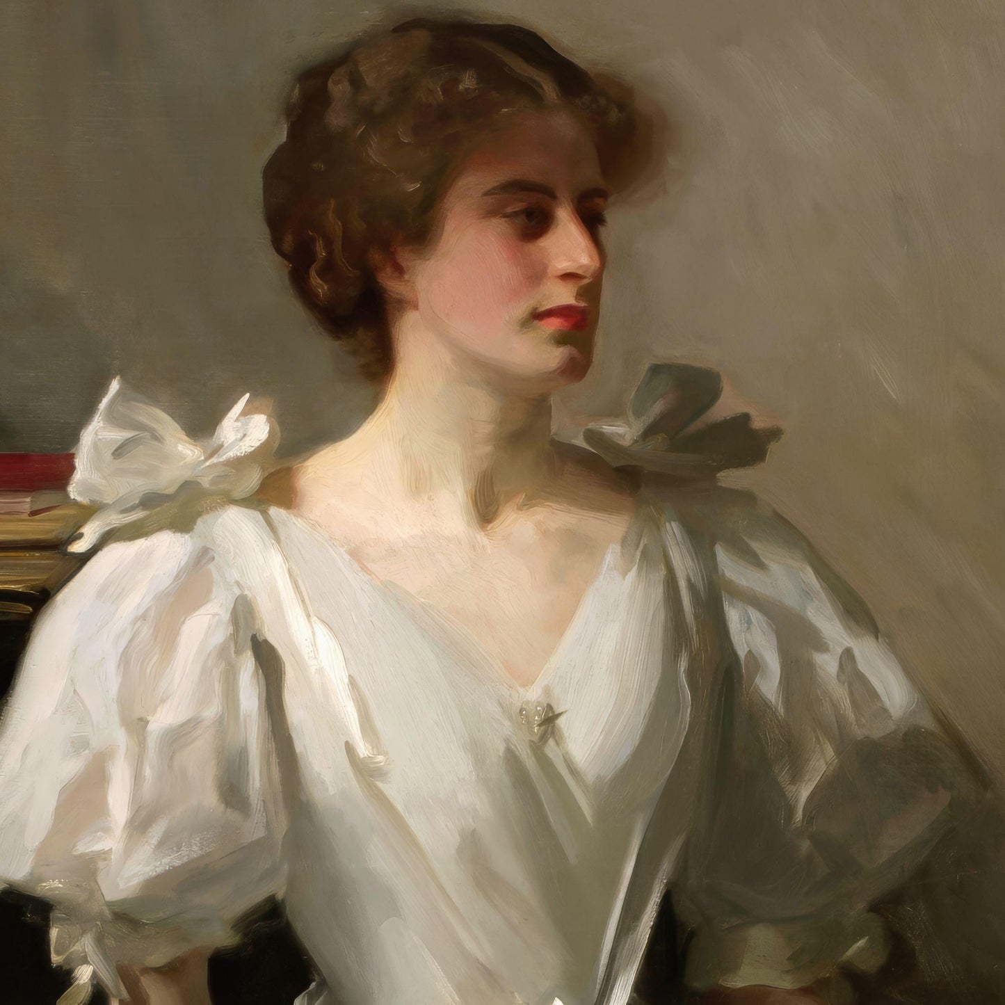 Portrait of a woman in a white dress with large bows, against a neutral background