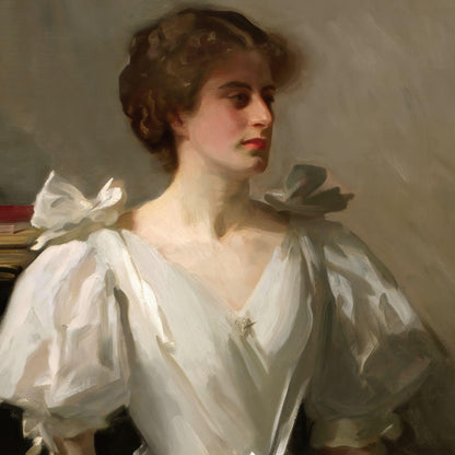 Portrait of a woman in a white dress with large bows, against a neutral background