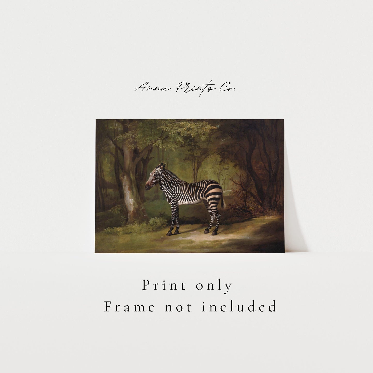 Vintage art print of Zebra in Landscape Animal Artwork with text overlay stating frame not included