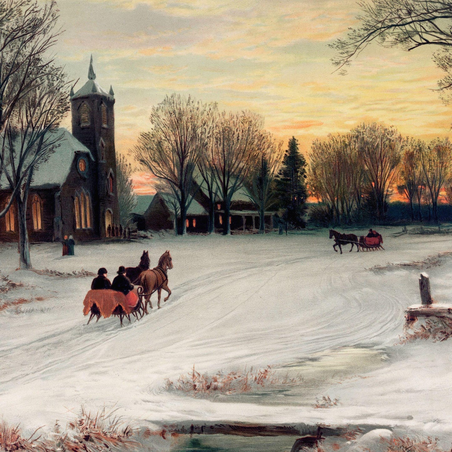 Winter scene with horse-drawn carriages on a snow-covered road, church in the background