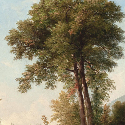 Painting of a large tree with a detailed landscape in the background