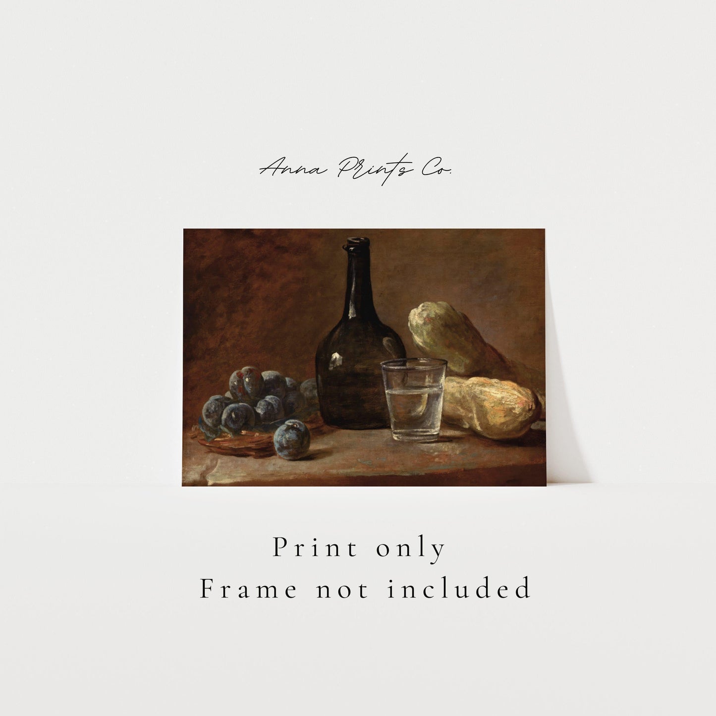 Vintage art print of Still Life with Plums Moody Painting with text overlay stating frame not included