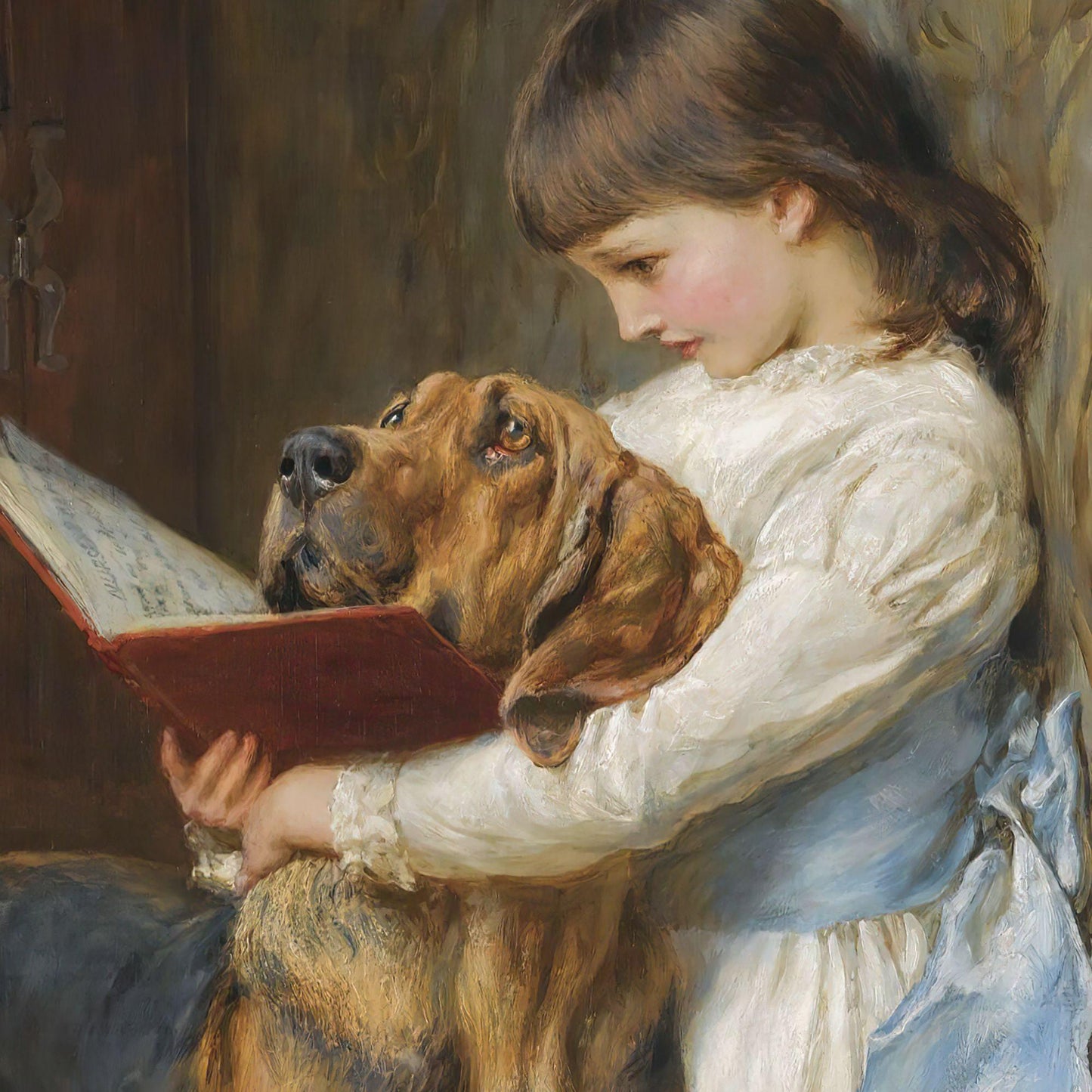 Painting of a young girl reading to a dog