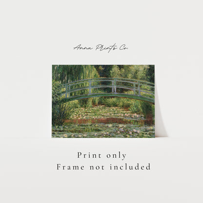 Vintage art print of The Japanese Footbridge by Monet with text overlay stating frame not included