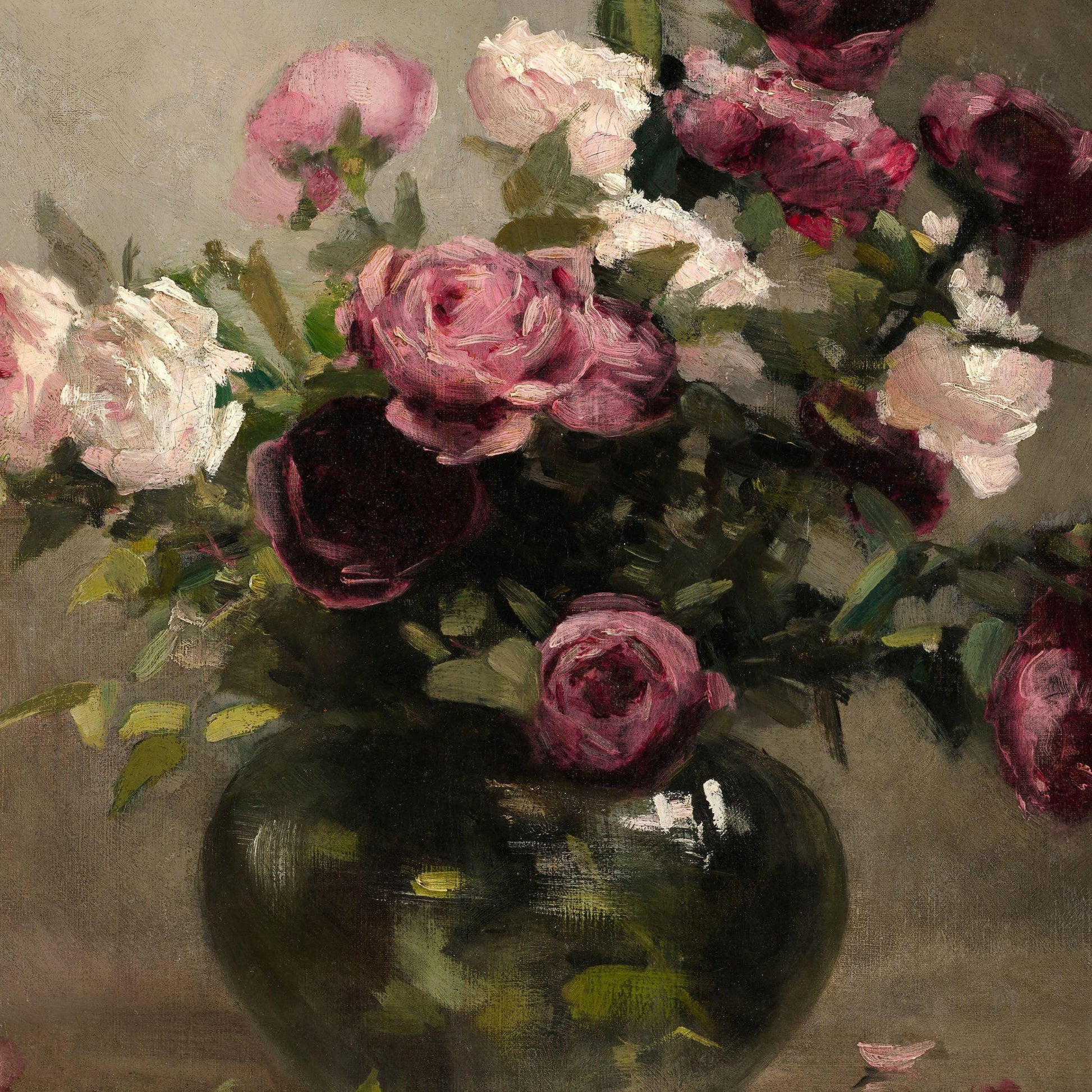 Oil painting of a bouquet of pink and purple flowers in a dark vase on a neutral background