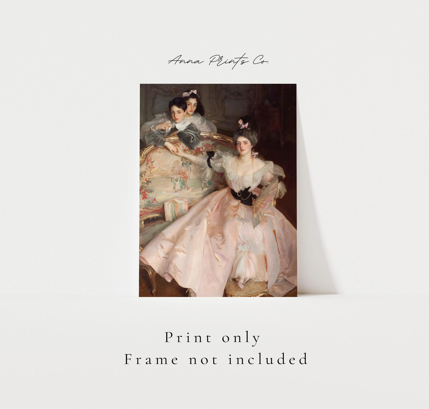 Vintage art print of Mrs Carl Meyer Painting by Sargent with text overlay stating frame not included