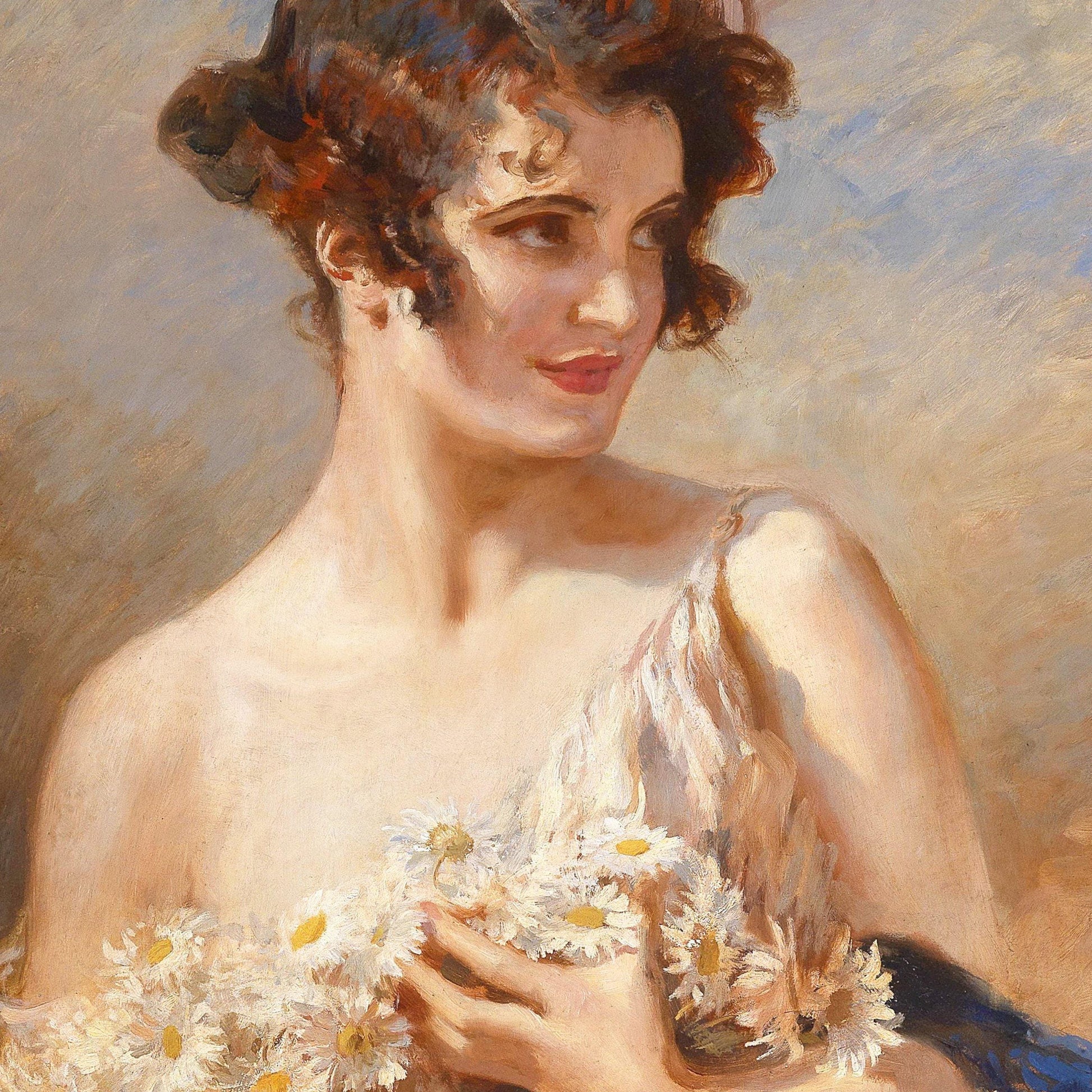 Artistic depiction of a woman holding flowers against a soft, blurred background