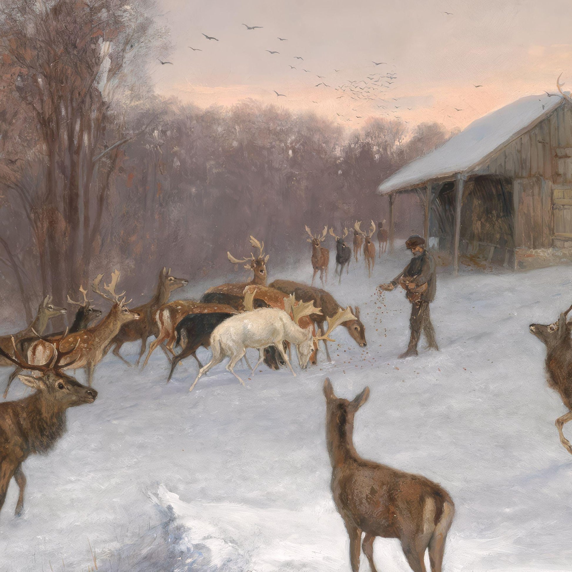 Winter scene with deer and a person near a wooden cabin.