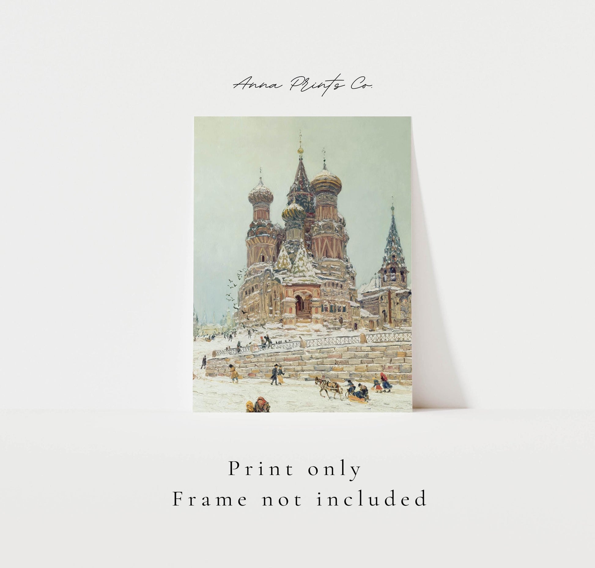 Vintage art print of Church of St. Basil Winter Painting with text overlay stating frame not included