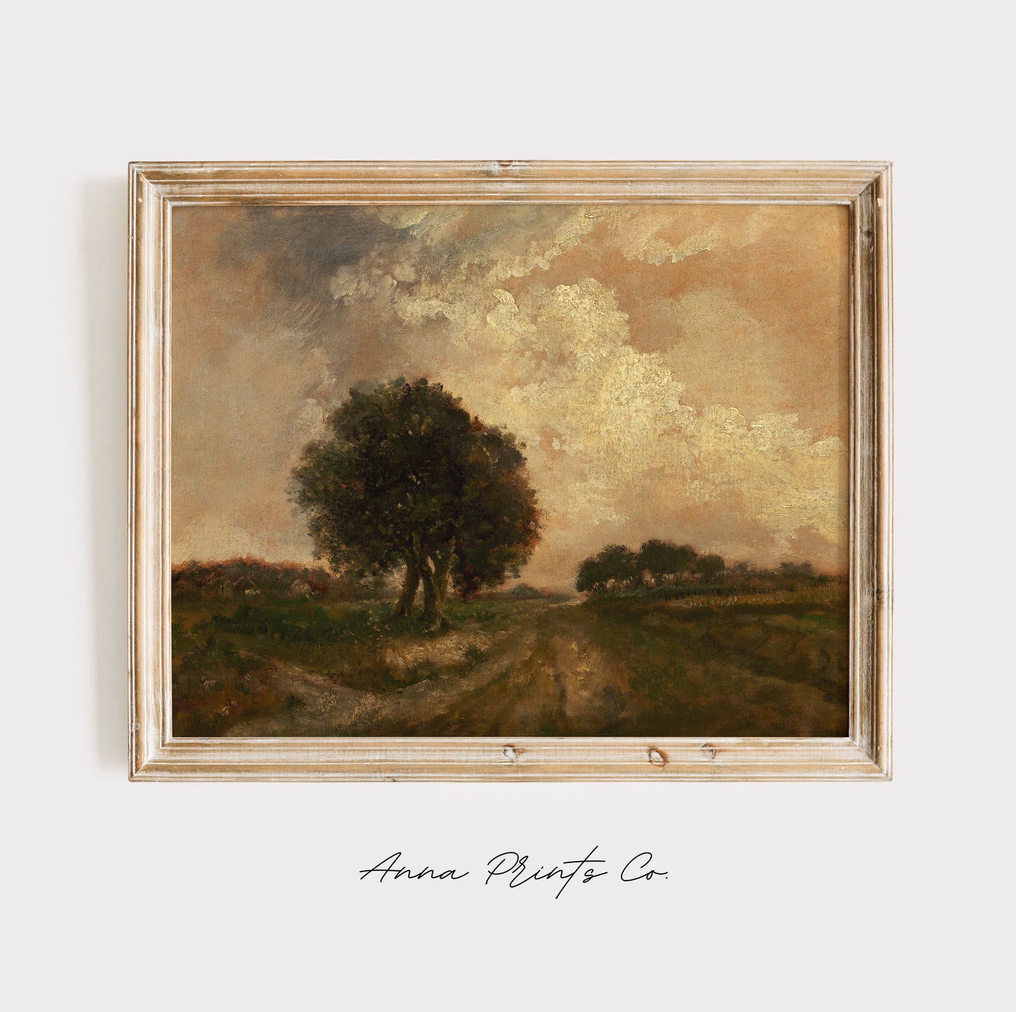 Vintage art print of Group of Three Trees Landscape Painting displayed in wooden frame