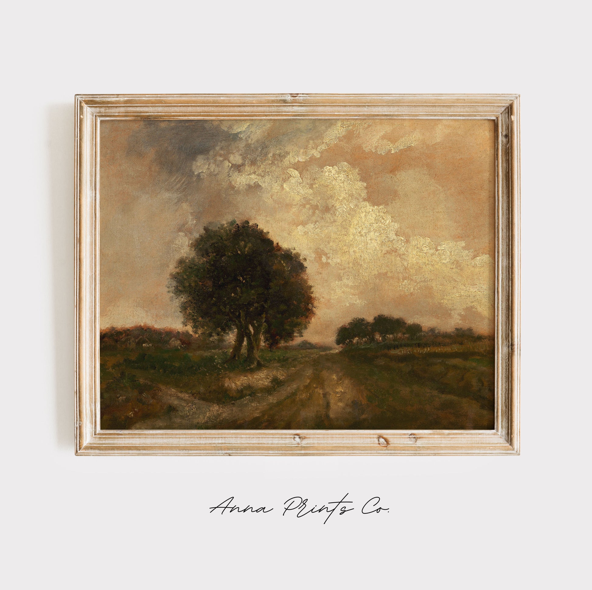 Vintage art print of Group of Three Trees Landscape Painting displayed in wooden frame