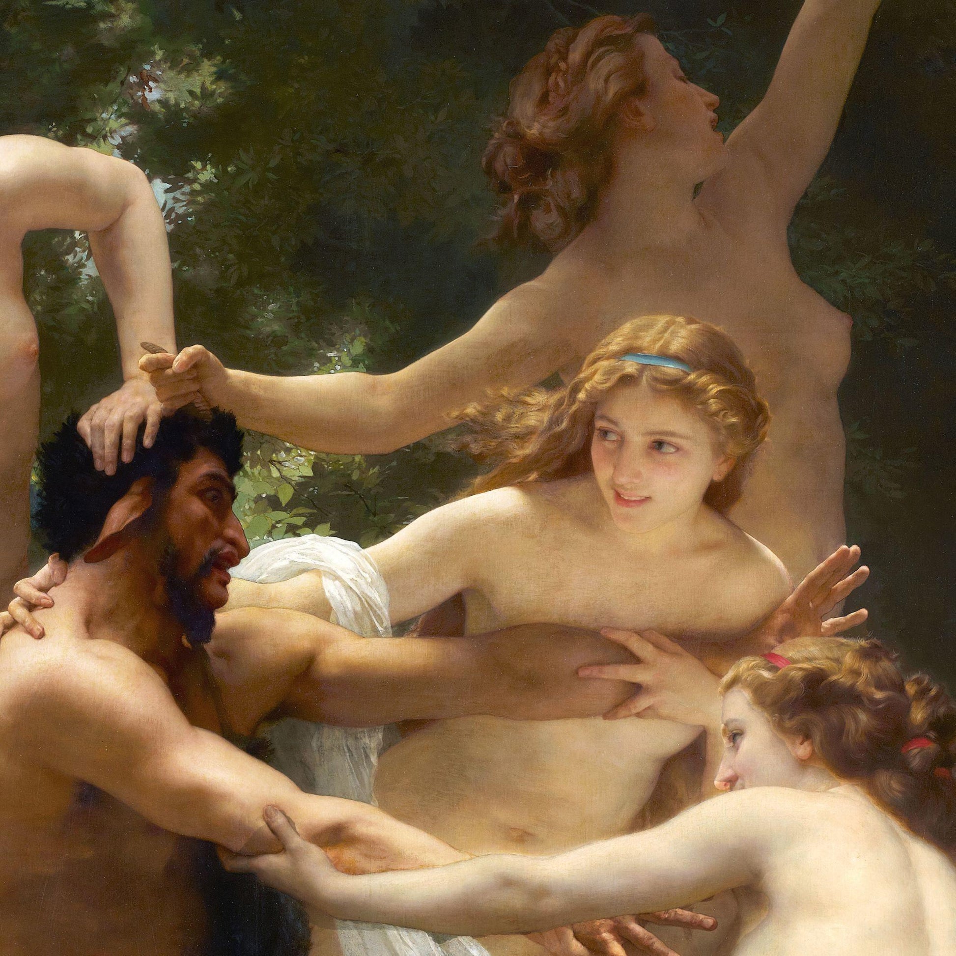 classical painting of multiple nude figures in a natural setting