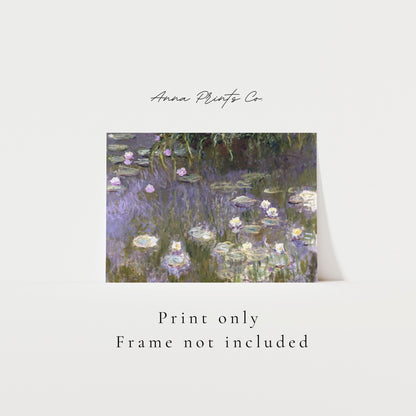 Vintage art print of Water Lilies by Monet, 1922) with text overlay stating frame not included