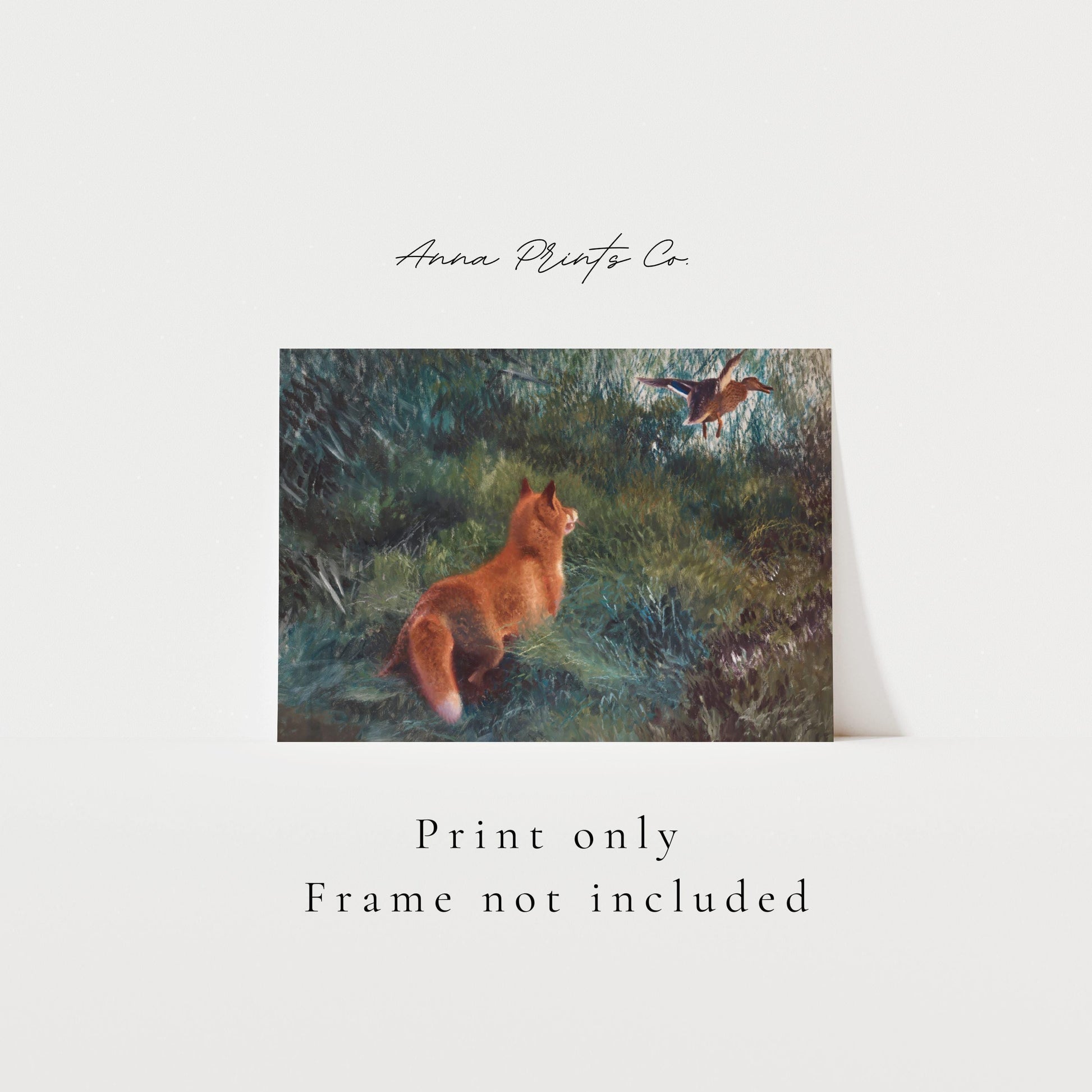 Vintage art print of Fox and Mallard in Landscape with text overlay stating frame not included